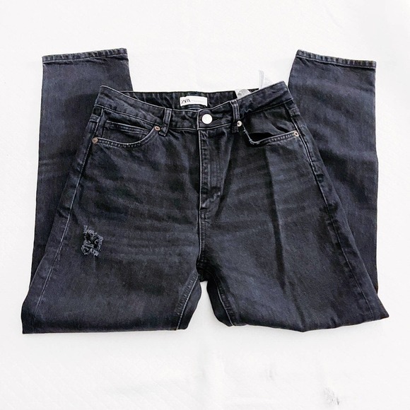 Zara Black Wash Distressed Straight Leg Denim Jeans SZ10 - Picture 2 of 6